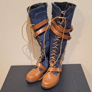 Punky Stylish Brown and Blue Women's Riding Boots Knee High Lace Up Front